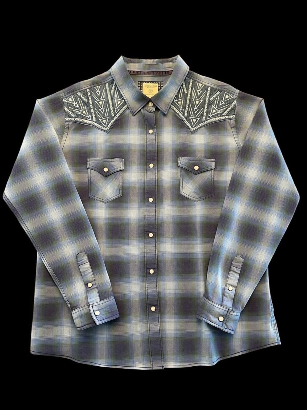Panhandle Rough Stock Plaid Western Pearl Snap Shirt Embroidered Tribal Yoke XL